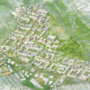 Illustrierter städtebaulicher Masterplan für das Wohngebiet Schlaatz