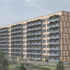 Architektur-Visualisierung eines modernen Wohnblocks in Holzoptik